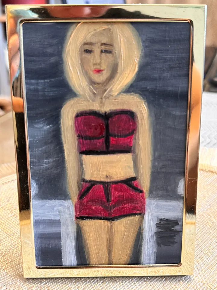 Oil Painting Portrait of a Woman in a Crimson suit Figurative Miniature Cardboard 6x4 inches 15 cm x10 cm In a gold frame Feminist Art Modern Art Impressionism Wall Decor