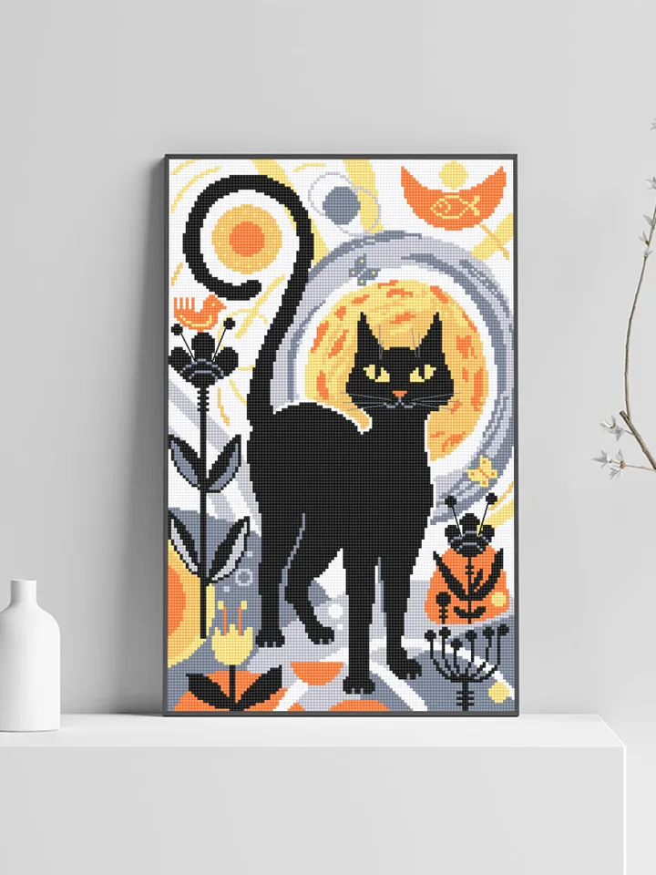 Boho cat cross stitch pattern PDF download Boho cross stitch chart, Abstract pattern digital PDF, Black cat embroidery, Boho wall decor #K22