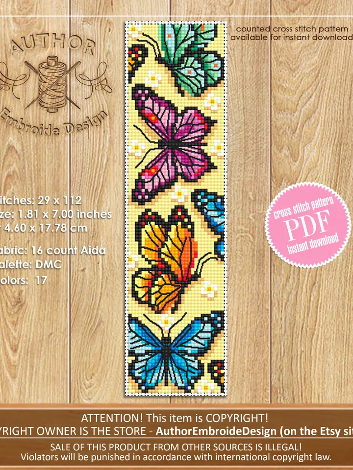 Butterfly bookmark cross stitch pattern PDF download Watercolor butterfly cross stitch chart, Bookmark digital PDF, Butterfly ornament #B158