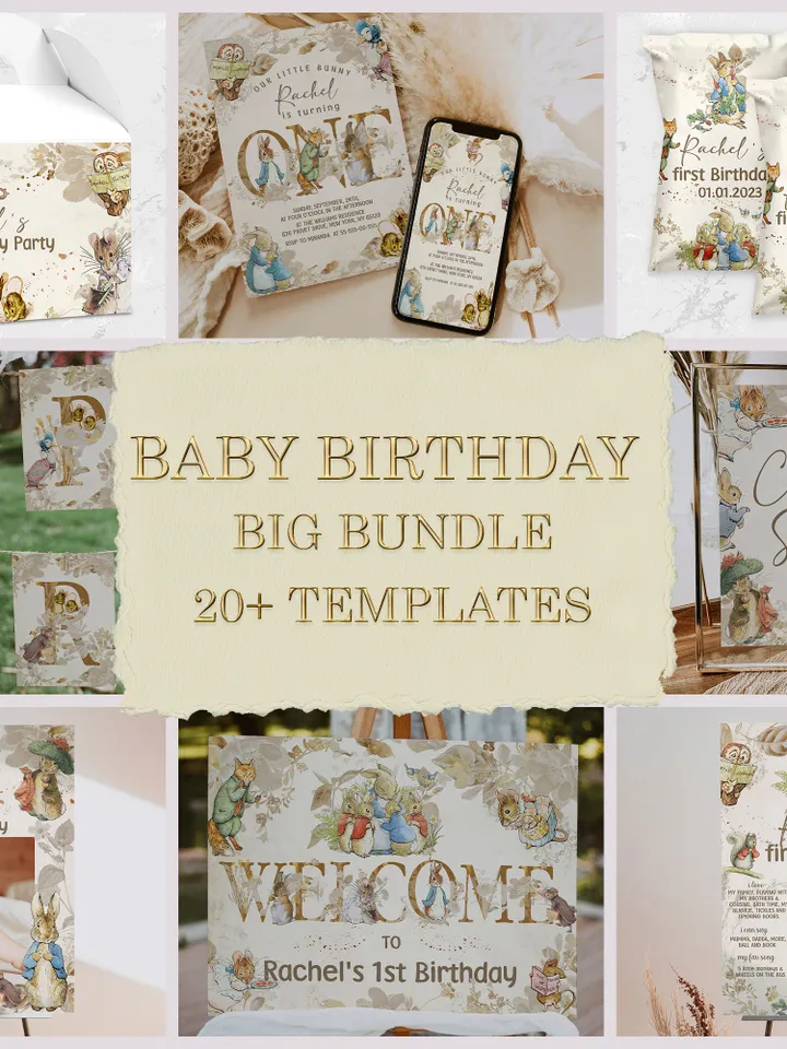 DIY Peter Rabbit Birthday Bundle; Editable 1st Birthday Party Template; Peter Rabbit Birthday Party; Cute Bunny Birthday Decoration; pr1