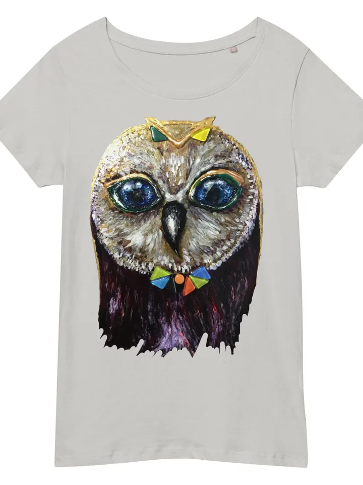 Red owl in glasses Women’s organic t-shirt made with my original stained glass painting,unique design handmade t shirt,special gift for her