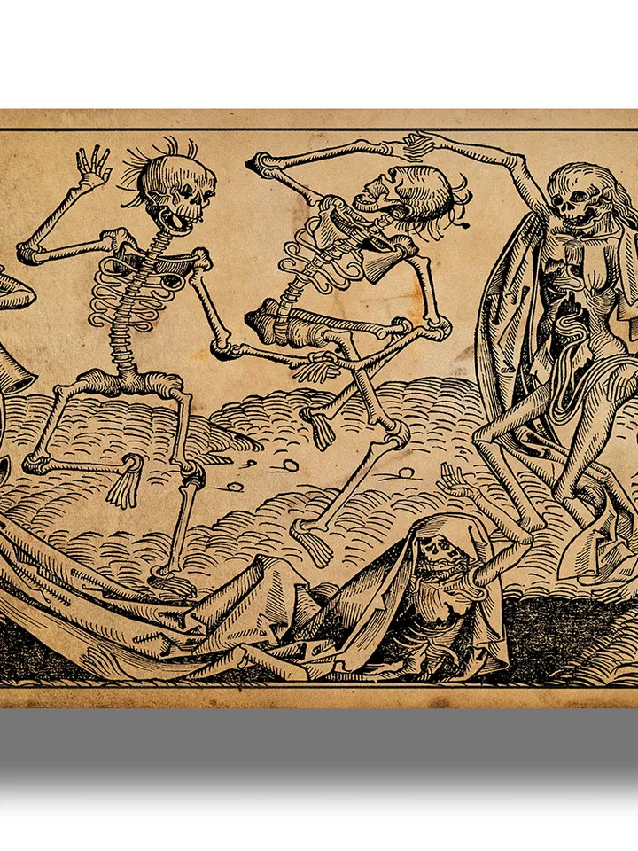 Dance of death or Totentanz. Dance of grotesque skeletons.