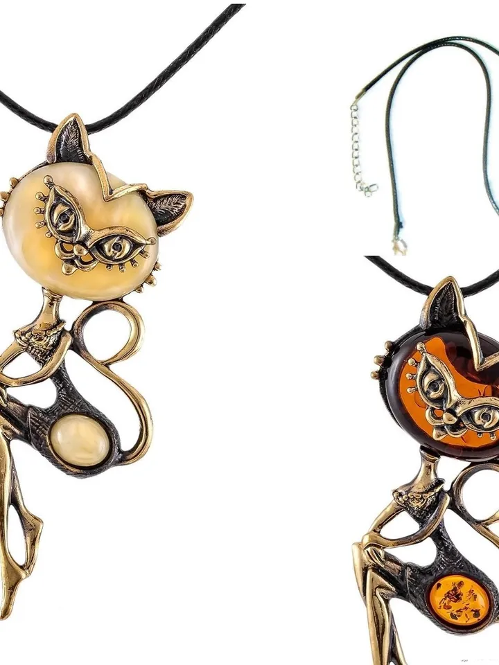 Lady cat pendant necklace gold and yellow amber jewelry Gift for women to beloved girl Bohemian statements jewelry handmade in vintage style