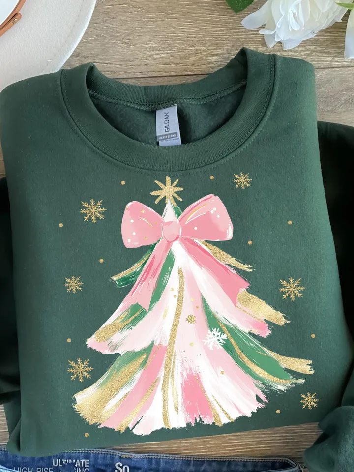 Coquette Glitter Christmas Tree Png, Watercolor Christmas Tree Girly, Merry Christmas Coquette Bow Tree Png, Christmas Lights Hand Drawn