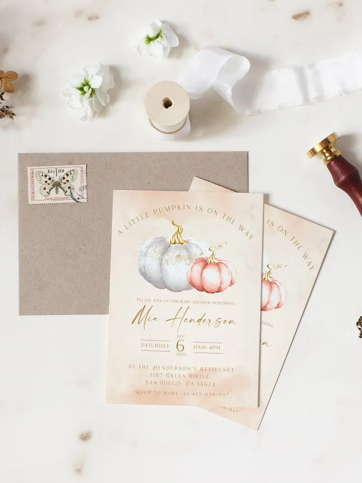 A little Pumpkin on the Way! Cozy Autumn Baby Shower Invitation; Pink Blush Gentle baby shower pumpkin Invite; trend 2022 autumn invite