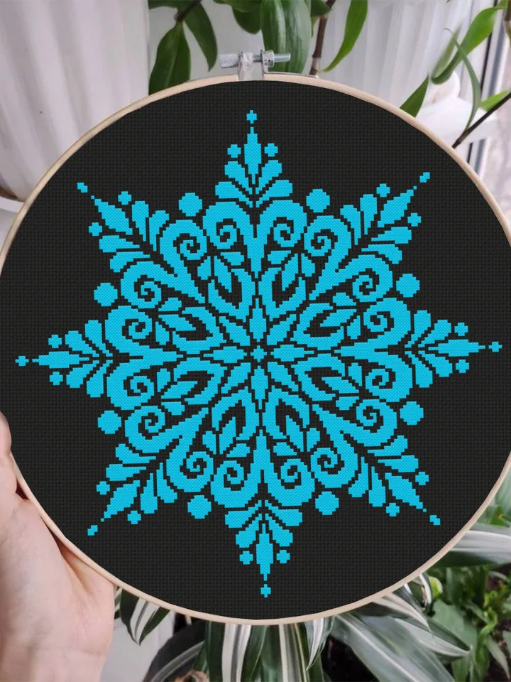 Mandala cross stitch pattern download PDF Easy mandala ornament embroidery PDF Monochrome cross stitch chart Snowflake beginner stitch #M103
