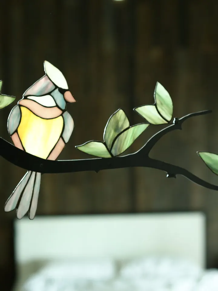 Cardinal Branch, Cardinal Stained Glass Branch, Stained Glass Art with Cardinal, Handcrafted Cardinal Wall Decor, Forest-Inspired Stained Glass Panel, Artistic Cardinal Glass Ornament, Handmade Stained Glass Cardinal Branch, Wall-Mounted Stained Glass
