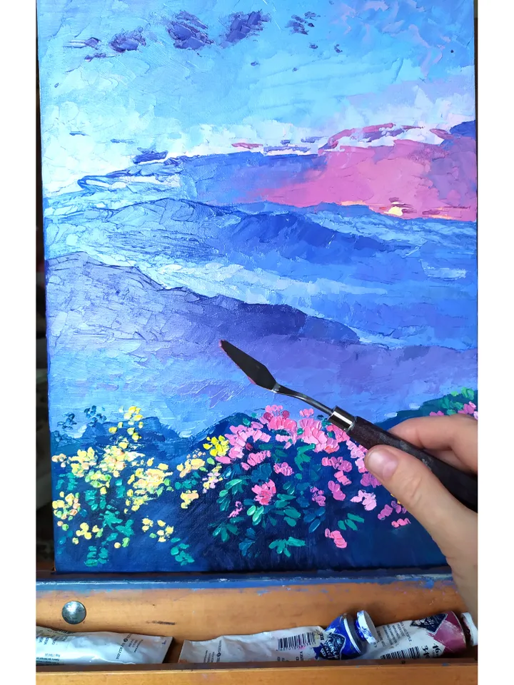 Smoky Mountains painting Sunset original art Blue Mountains artwork Flower Meadow wall art by Natalia Plotnikova