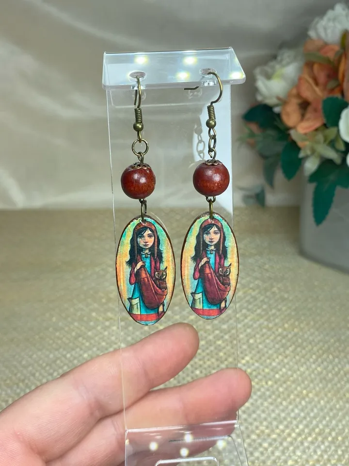 Handmade earrings. Author's design. Jewelry.Earrings with a picture of a girl. Wooden earrings.