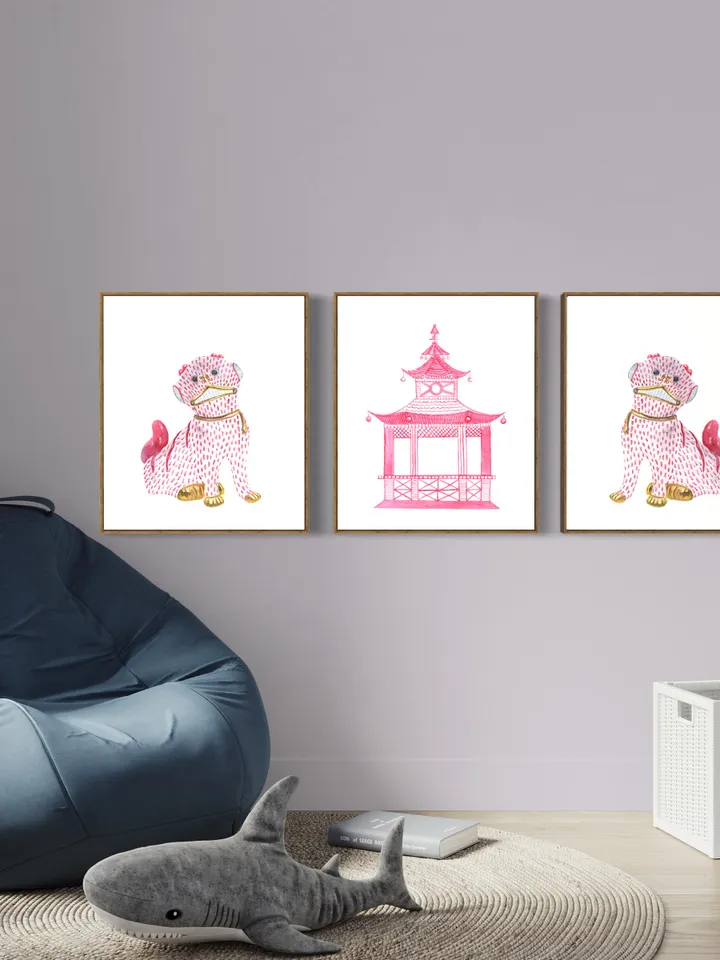 Pink Chinoiserie Set Of 3 Watercolor Painting Pagoda Foo Dogs Wall Art Chinoiserie Decor asian Hot Pink Wall Art Chinoiserie Chic Art Print