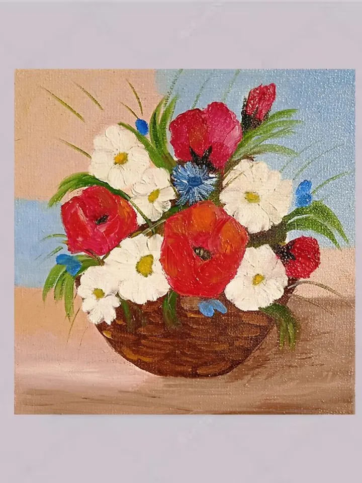Painting with red flowers Basket daisies Original floral art Original painting