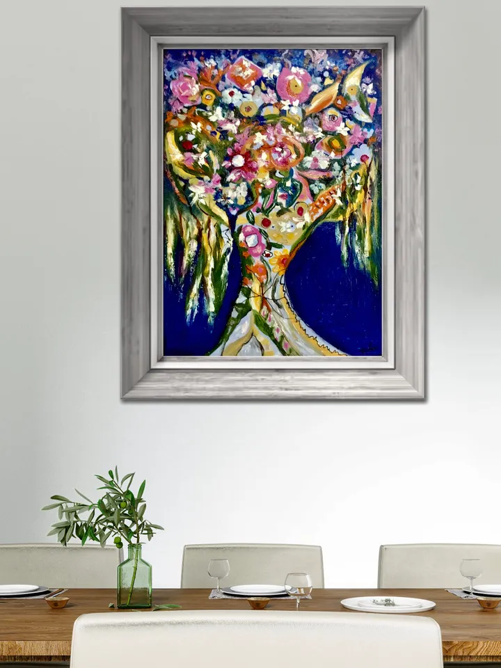 Del fondo de mi corazon, original oil mix media painting on large canvas,fantasy flowers painting,colourful wall hanging,unique gift.