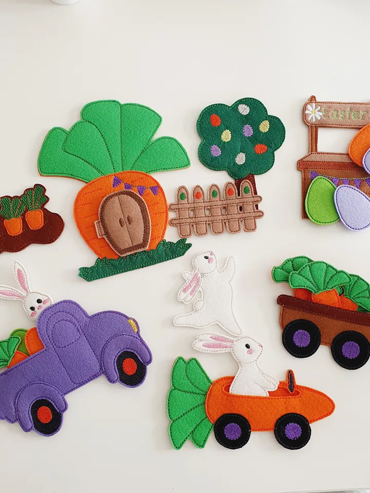 ITH Easter Bunny Play Set Embroidery Design, Felt Farm Rabbit Carrot Car Pattern, 4x4 & 5x7 Hoop Digital File