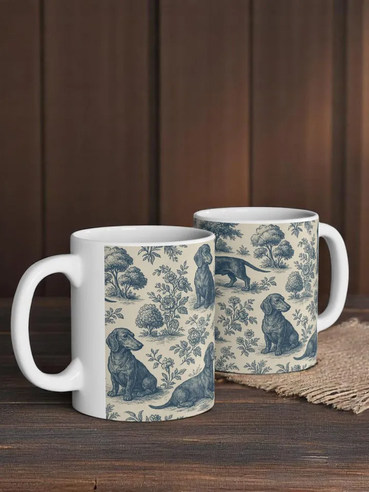 Dachshund French Toile de Jouy Ceramic Mug, Toile Coffee Cup for Doxie Mom, Sausage Dog Lover Gifts, Dog Tea Drinkware, Gift For Dog Lovers