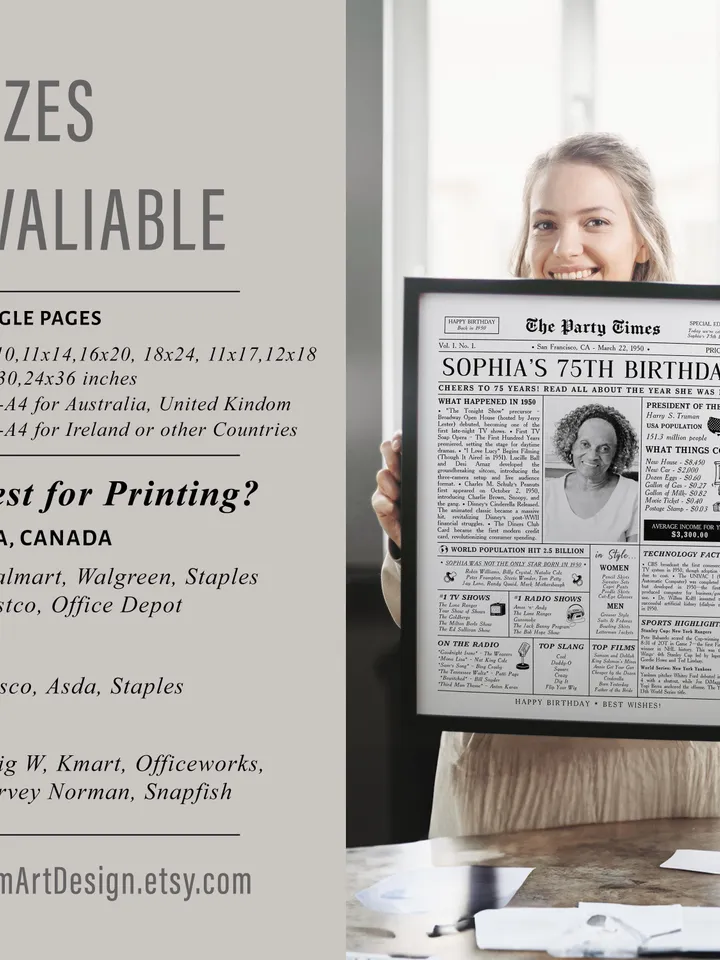 75th Birthday Gift for Women or Men, Personalized 75th Birthday Newspaper Poster, 75th Birthday Gift for Mon or Dad, Back in 1950