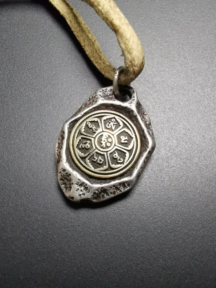 Gandhanra Handmade Tibetan Buddhist Protective Pendant,Om Mani Padme Hum Mantra Amulet,Sterling Silver Gilt