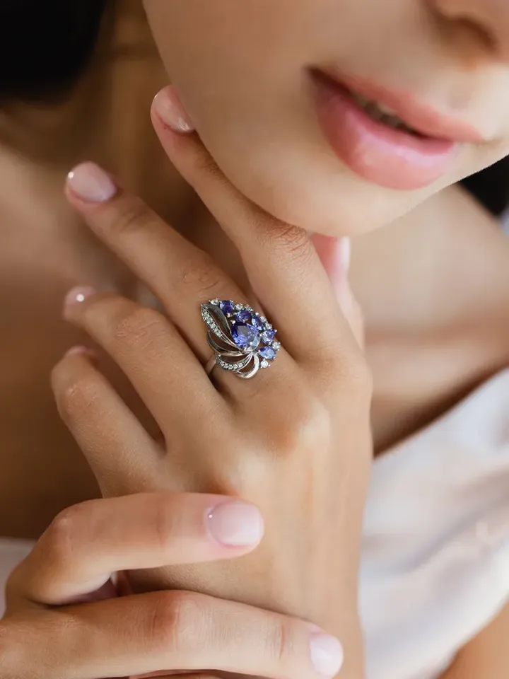 Ring silver 925 with tanzanite and cubic zirconia