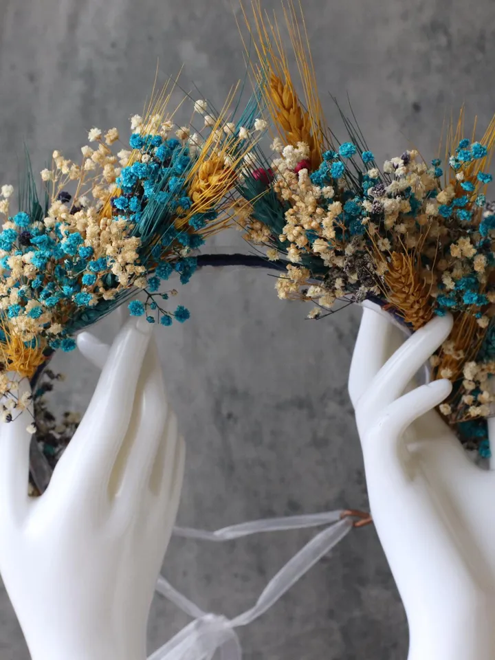 dried flower crown,natural wheat hair crown, wedding hair accessories, bridal natural crown, blue bridal crown