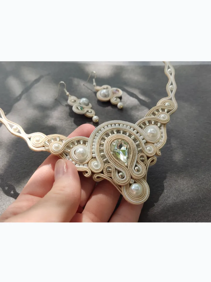 Wedding jewelry set, White beige necklace and earrings, Soutache embroidery, Rhinestone beaded necklace