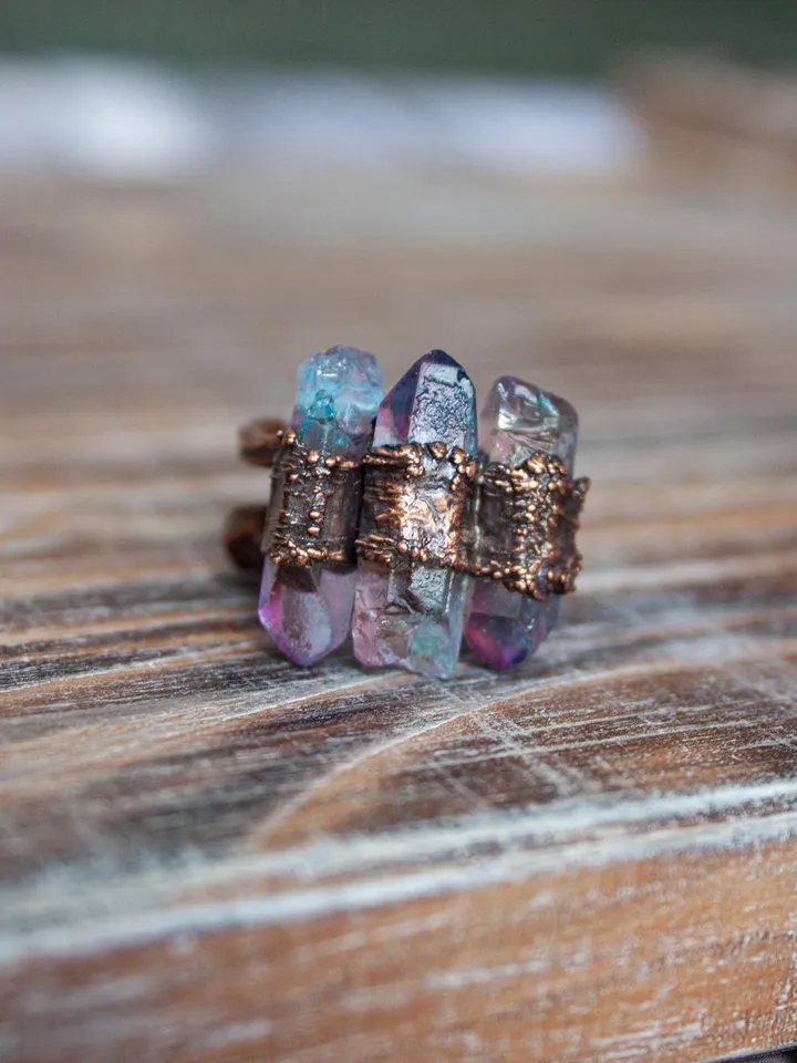Unique handmade quartz ring in a copper frame made using the electroforming process