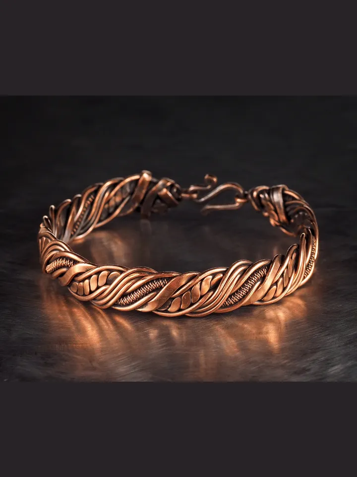Wire wrapped bracelet, Unique 7th 22nd Anniversary gift idea, Art Nouveau antique style, One of kind braided statement bangle, Handmade oxidized pure copper jewelry, Pain relief, EMF protection
