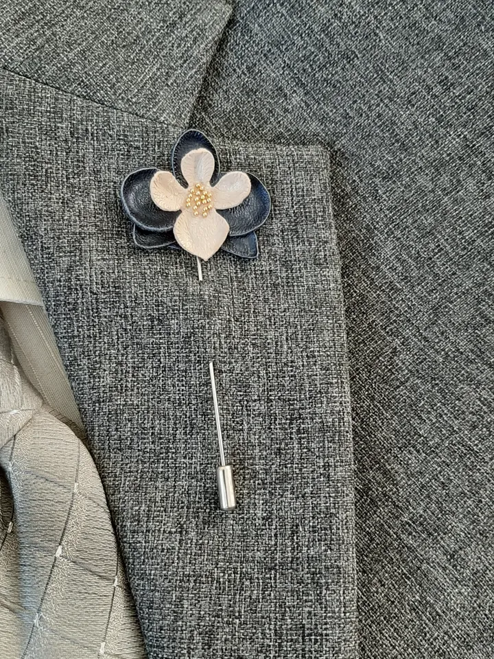 Blue orchid men's lapel pin Leather boutonniere for him 3rd anniversary gift
