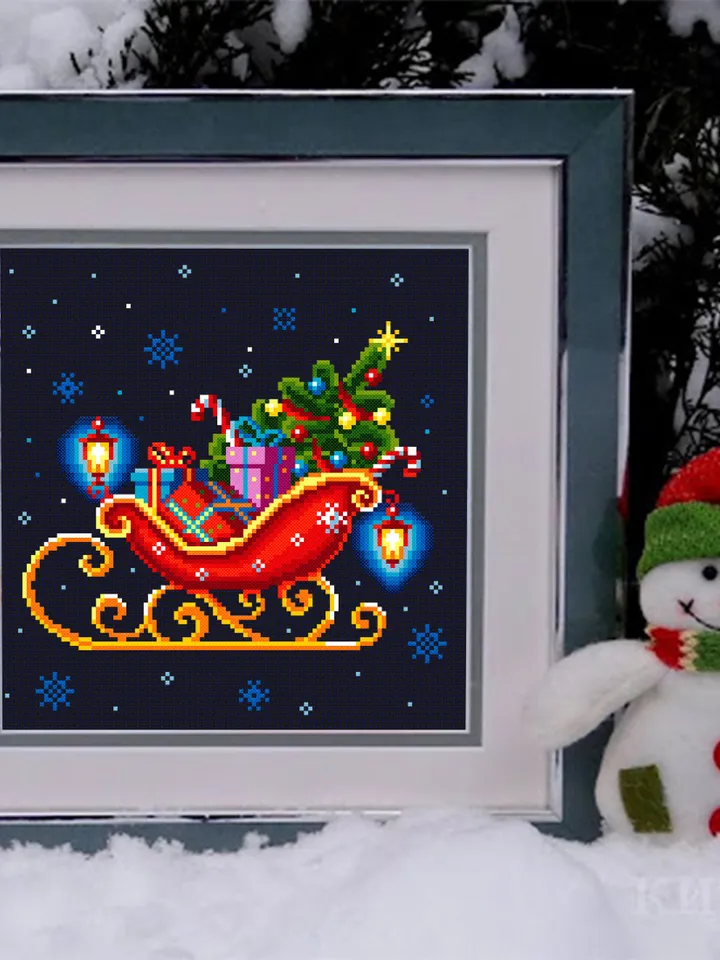 Santa sleigh with christmas tree cross stitch pattern download PDF Christmas pattern digital PDF, Christmas lanterns cross stitch chart #N13