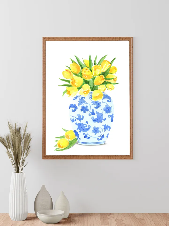 Chinoiserie Vase And Yellow Tulips, Blue White Ginger Jar, Flower Vase Painting, Vintage Chinoiserie, Ginger Vase, Apartment Decor, Print
