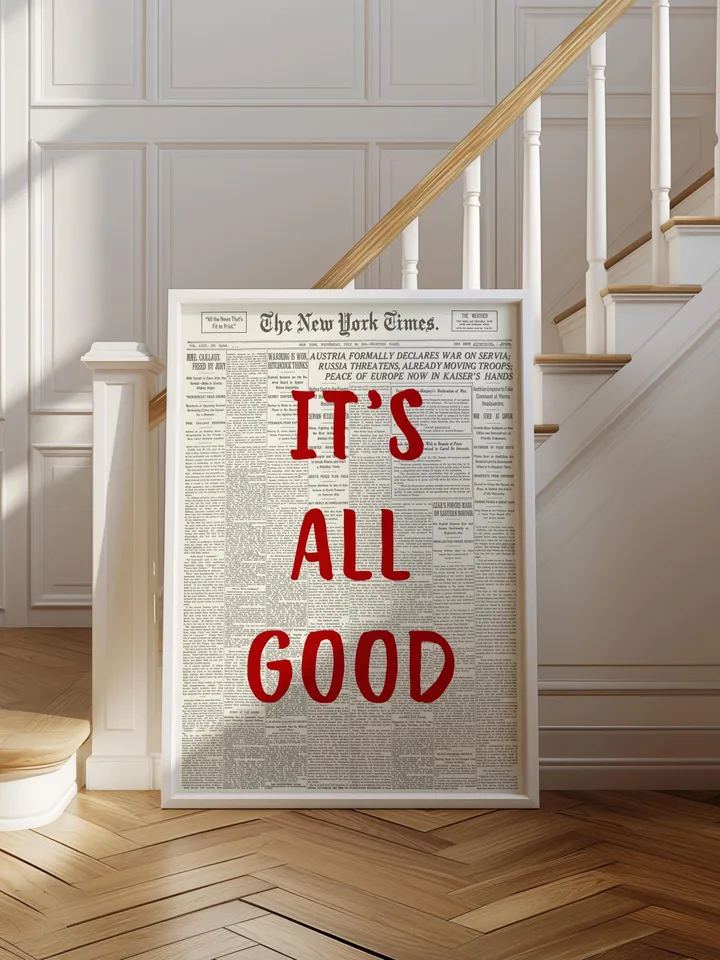 It’s All Good Red Typography Print, Positive Quote Poster, Newspaper Style Wall Art, Vintage Printable Decor, Digital Download