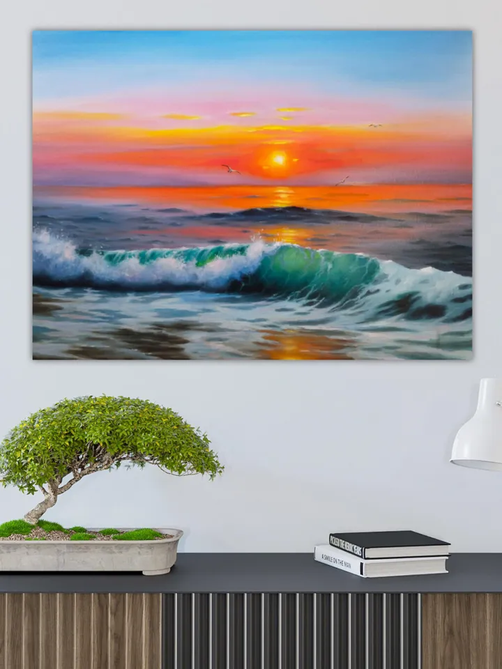Seascape oil painting Seaside and ship art Turquoise wave Sunset in the sea artwork for bedroom, office and living room