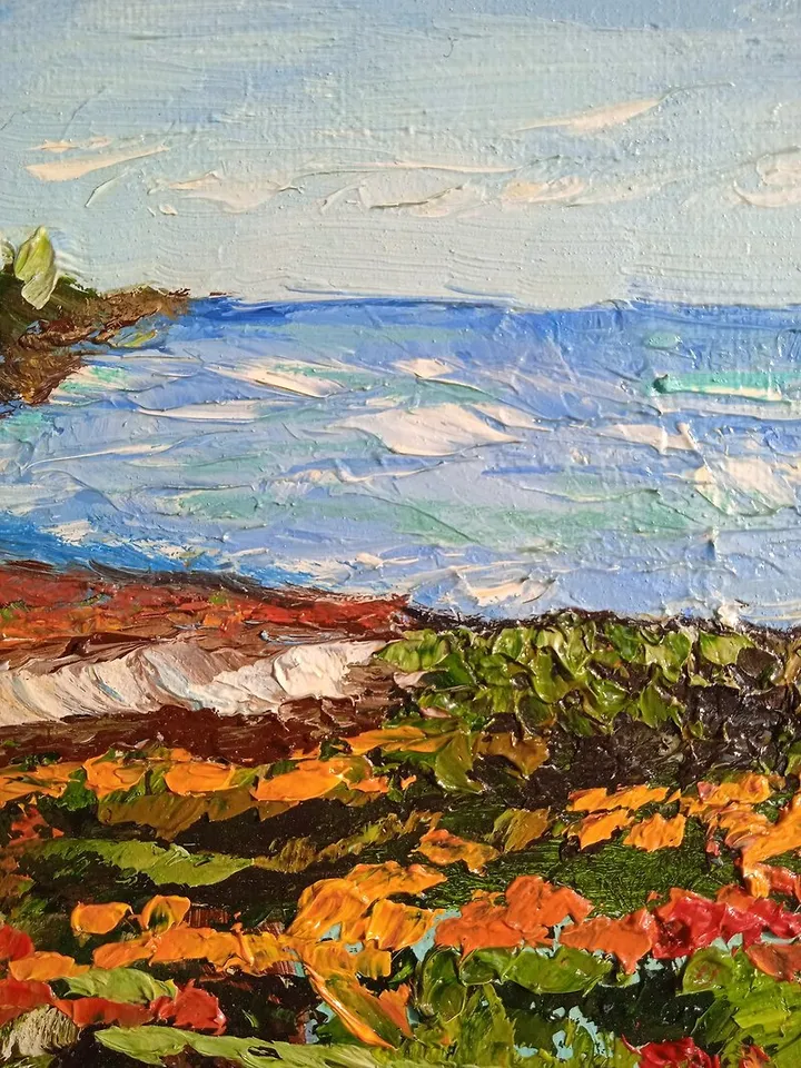 Landscape original oil painting of mountains and wildflowers impasto art