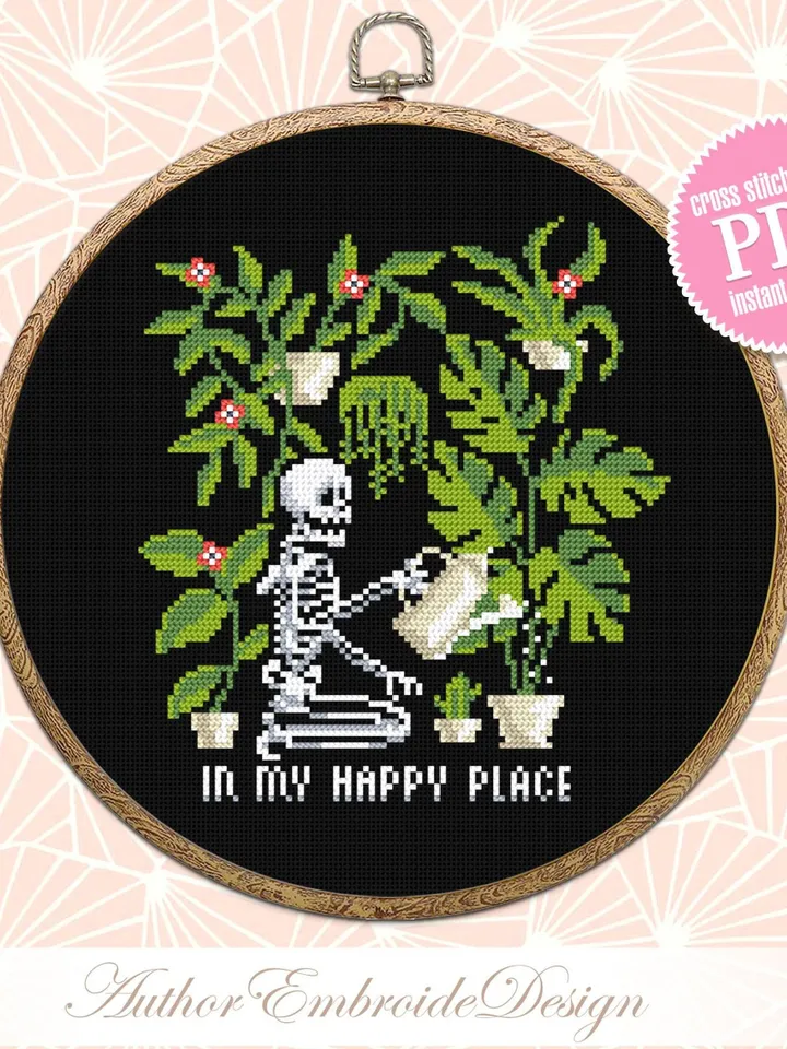 Skeleton plants cross stitch pattern PDF download Gothic skeleton cross stitch chart In my happy place, Gothic home decor, Plant lover #P39