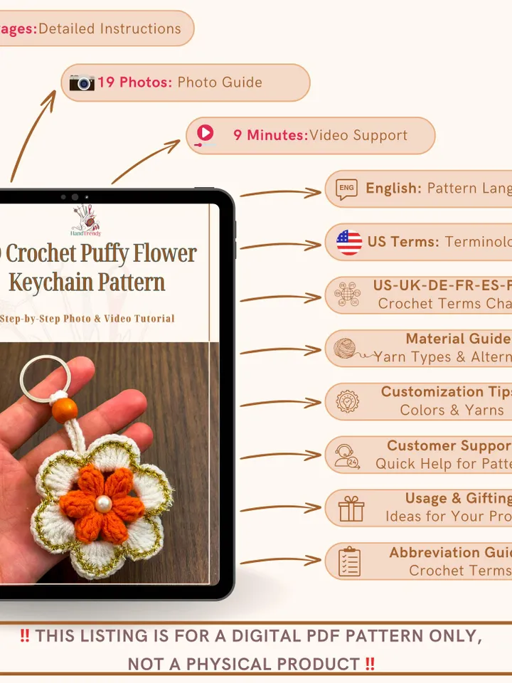 3D Crochet Puffy Flower Keychain Pattern, Amigurumi Floral Key Ring PDF, Handmade Crochet Keychain DIY, Instant Download Crochet Pattern