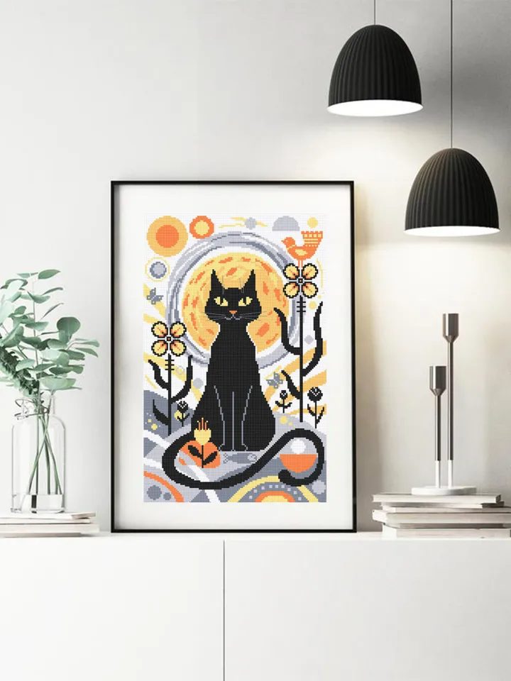Boho cat cross stitch pattern PDF download Boho cross stitch chart, Abstract pattern digital PDF, Black cat embroidery, Boho wall decor #K23