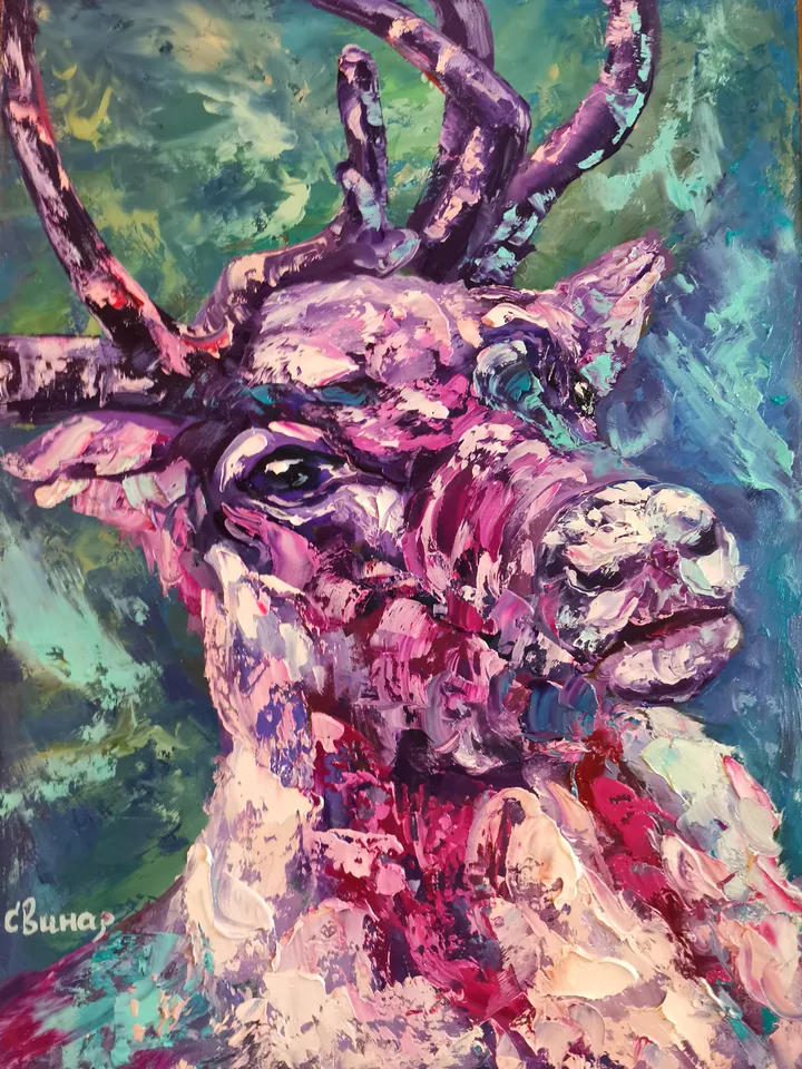 Deer North Aurora Borealis Reindeer Animals Original Art Oil Painting Artist Svinar Oksana