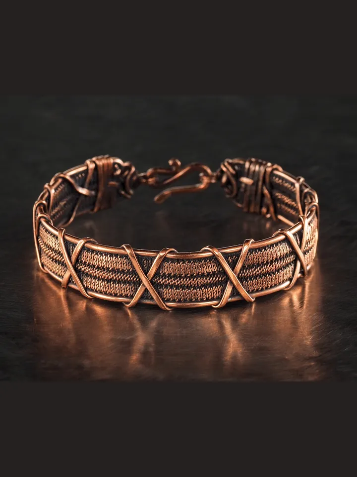Wire wrapped bracelet, Unique 7th 22nd Anniversary gift idea, Art Nouveau antique style, One of kind braided statement bangle, Handmade oxidized pure copper jewelry, Pain relief, EMF protection