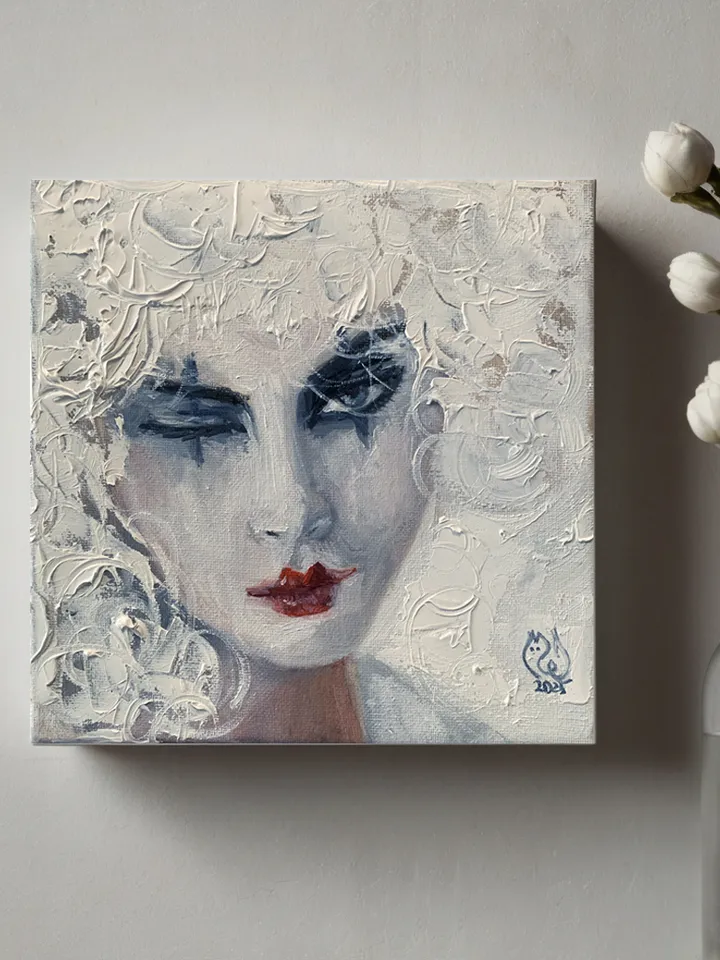 Original Oil Painting Mysterious Clown Woman Portrait 8x8 inches