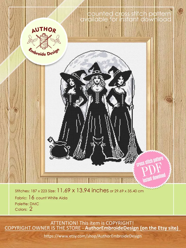 Halloween witches cross stitch pattern PDF download Witchy cross stitch chart, Witch pattern digital PDF, Full moon, Witch embroidery #H84