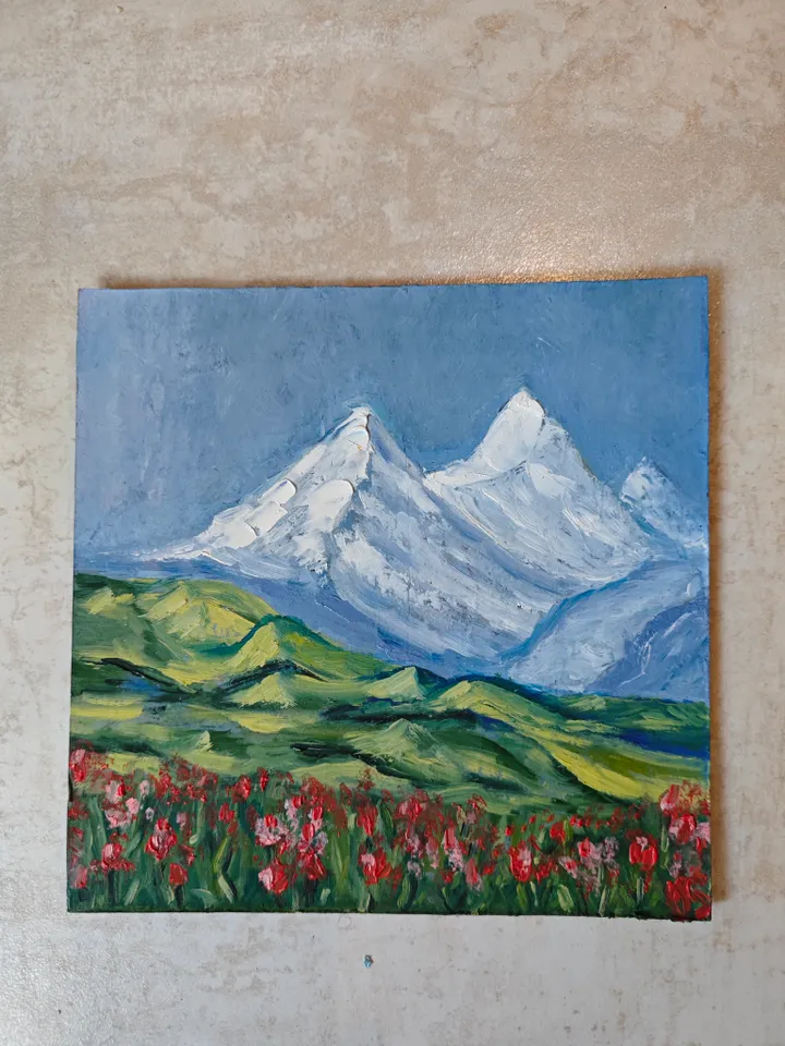 Mountains Landscape Original Painting Alps Mountains Original Art Mountain Modern Oil Artwork Alps Landscape Mountains And Meadow Wall Decor 8x8 inches by OlgaSokolovaArt