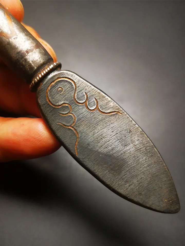 Gandhanra Tibetan Amulet Vajra, Kila Dagger (Dorje Phurba),Dharma Ritual,Made of Cold Iron inlaid with Copper