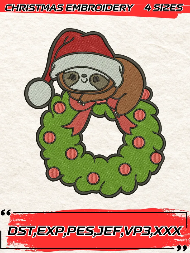 Christmas Sloth On A Christmas Wreath Embroidery Design,Christmas Embroidery Design,4 Sizes, Digital Download