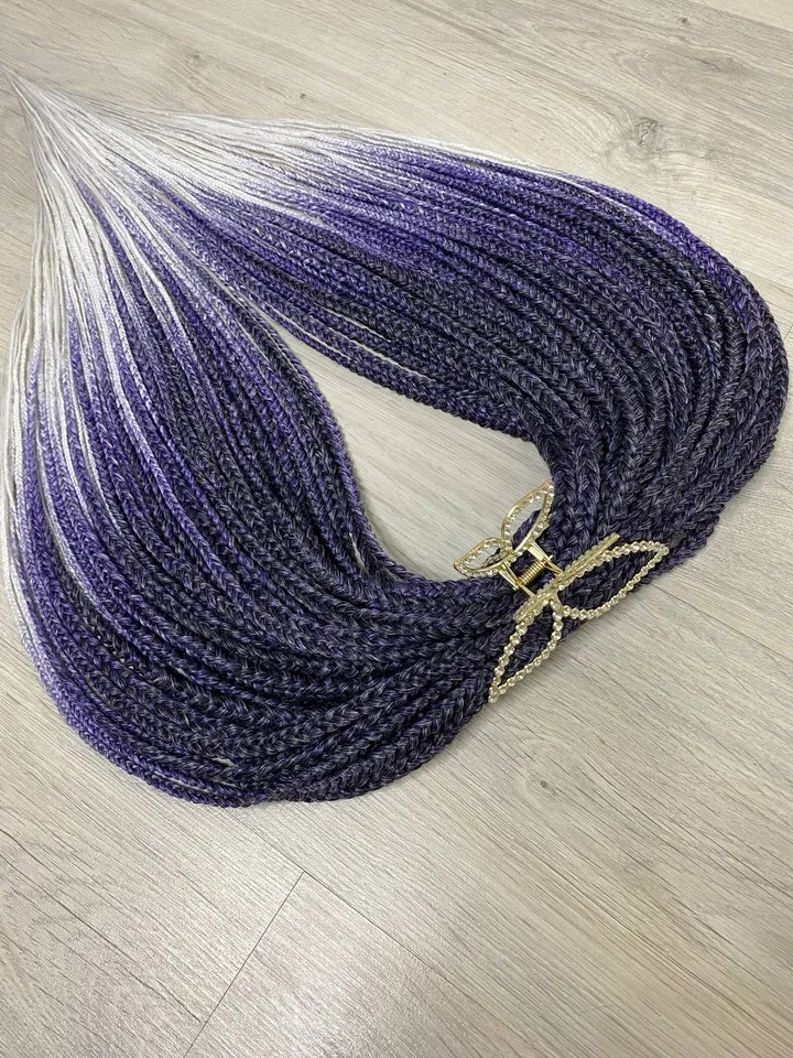 Purple braids hair extensions. Ombre synthetic Braids violet to white. DE braids full set.