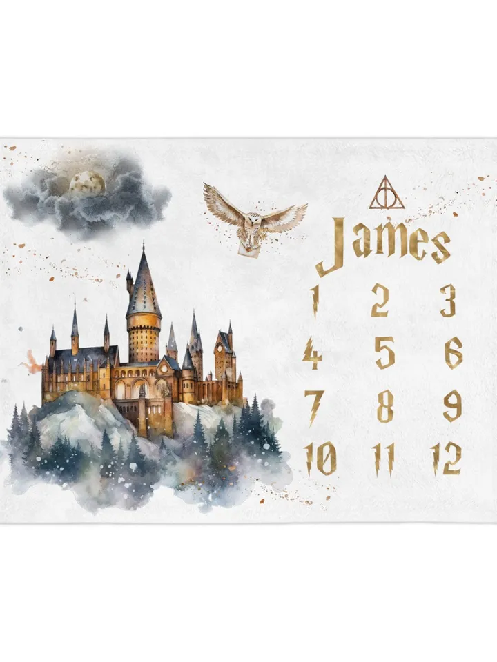 Wizarding World Milestone Baby Blanket; Magic School Baby Blanket Owl Key Magic World Custom Wizard Blanket Gift for Baby Blanket WBB12