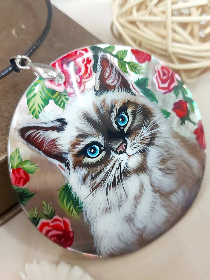 Mother-of-pearl Russian hand-painted necklace pendant "Cat in Flowers" Hand paint necklace pendant Cat pendant