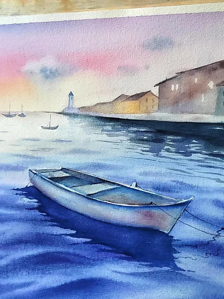 Sea Landsape Painting Original Watercolor Art Sea Sunset in Watercolor 10.62x15.35 in by Art Café