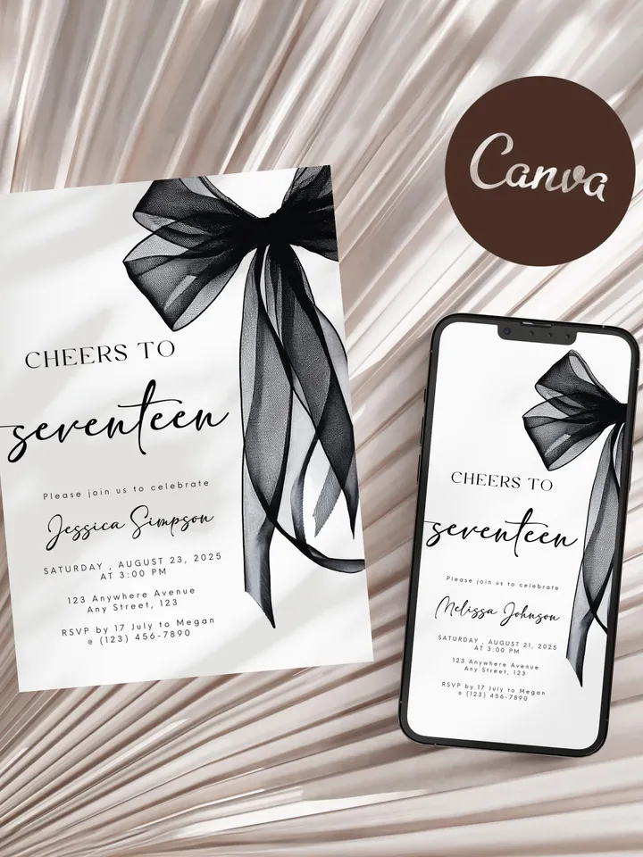 Coquette Black Bow 17th Invitation, Editable Seventeenth Birthday Party Invite, DIY Digital Black Ribbon, Cheers to Seventeen Invite