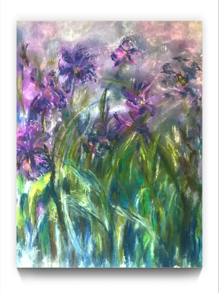 Irises painting,Iris flowers wall art pastel on canvas board impresionist style.