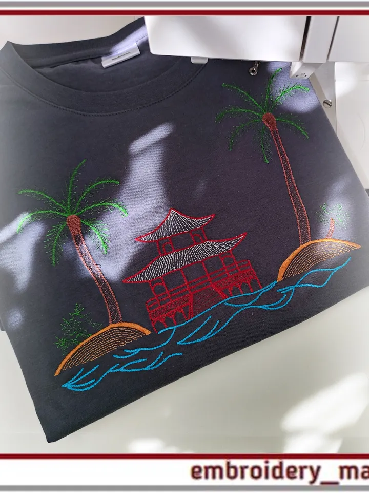 Machine embroidery design The palm trees, the sea and the house pattern