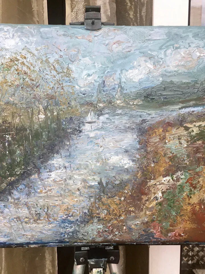 Semi-Abstract landscape painting on canvas,original oil painting,river,trees,mountains,abstract wall art,home decoration