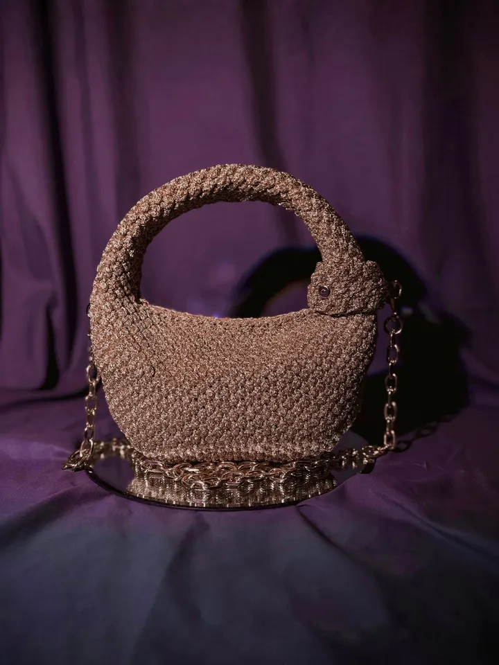 Luxury gold small women one piece handbag, crossbody hobo, top handle, small purse, crochet clutch, shoulder bag, event wear